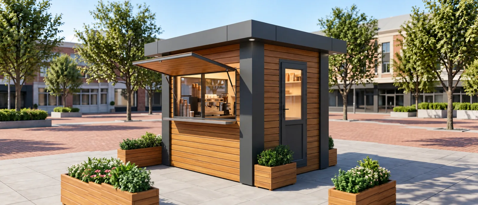 Coffee kiosk with an open serving hatch and planters on a paved public square